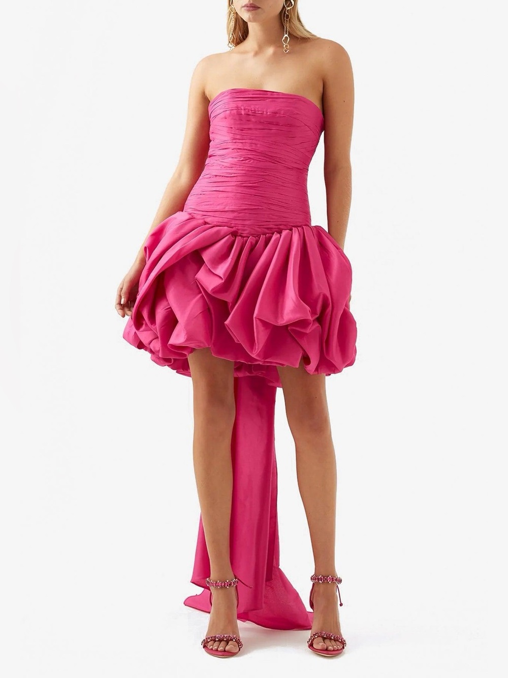 Aje Strapless Ruched Bodice Bubble-Hem Dress in Hot Pink